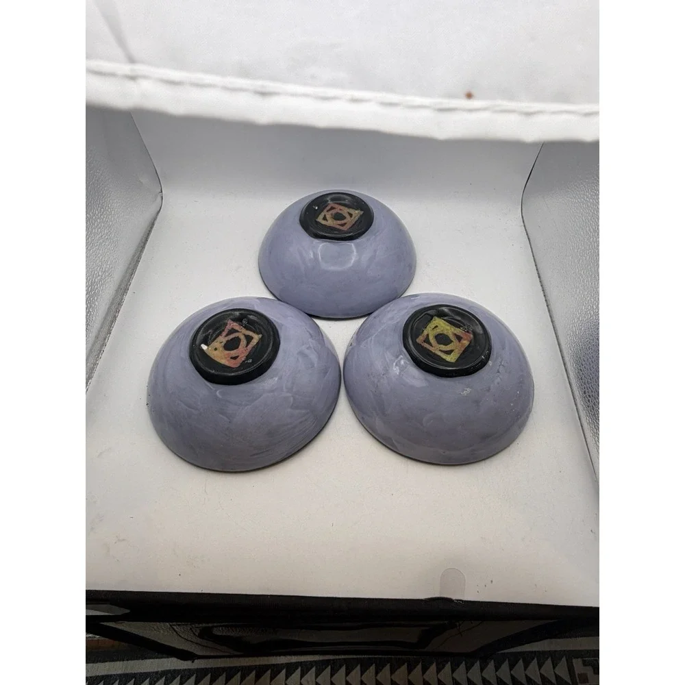 Set of 3 Hand Painted Art Pottery Bowls Purple Poppy Ladybug Signed Studio